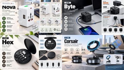 Nova, Byte, Hex & Corsair – Travel Adapters, Cable Kit & Phone Holder